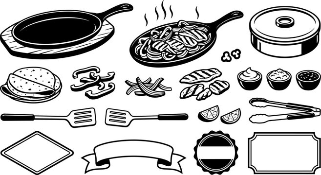 Fajitas cooking ingredients and kitchen tools vector icon set