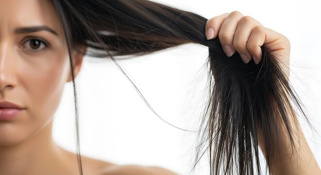 Woman examining dry and damaged hair with concern, hair care.