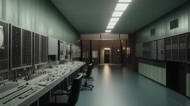 Analog mainframe control room lined with vintage consoles and monitors, evoking retro futurism and data processing in a clean, empty technical lab environment