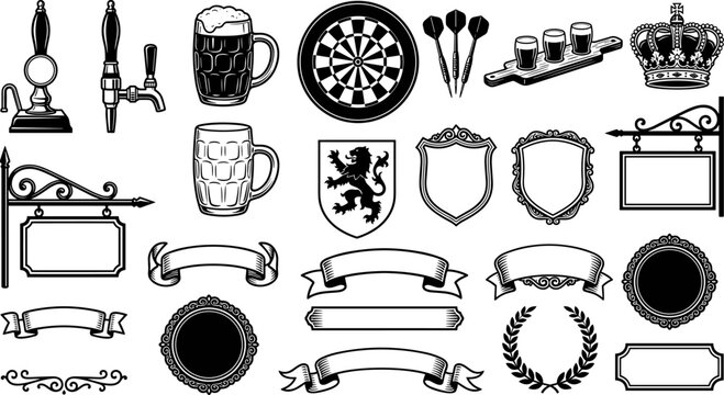 Pub and brewery icon set with beer elements and vintage banners