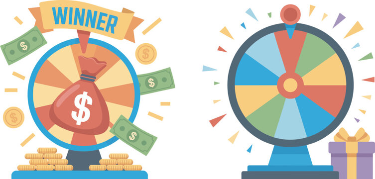 Vector illustration of a prize wheel with money and gifts winner concept for contests raffles and luck draws representing chance games and promotional reward systems.
