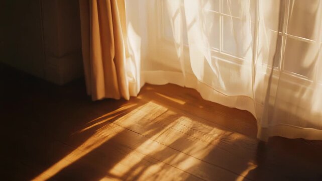 Sunlight illuminating a room, casting long shadows of window frames through translucent curtains onto a warm wooden floor, symbolizing peace, warmth, and the start of a fresh day