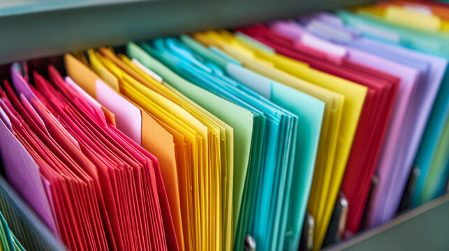 Colorful hanging file folders in a drawer