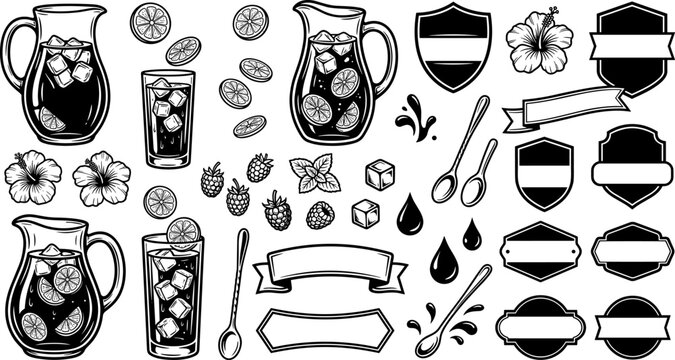 Iced beverage drink icon set with labels and botanical elements