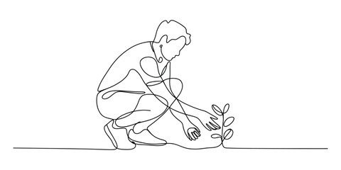 Man planting a small sprout in the ground line art © Alzin