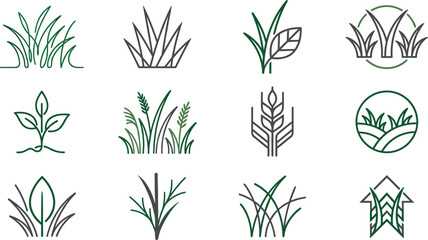 Fototapeta premium Grass and Lawn Care Line Logo Icon Set Featuring Minimalist Botanical Tufts Sprout Wheat Stalks and Landscape Circles for Landscaping Gardening Branding