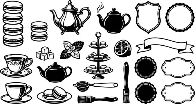 Tea party and macaron bakery vector icon set