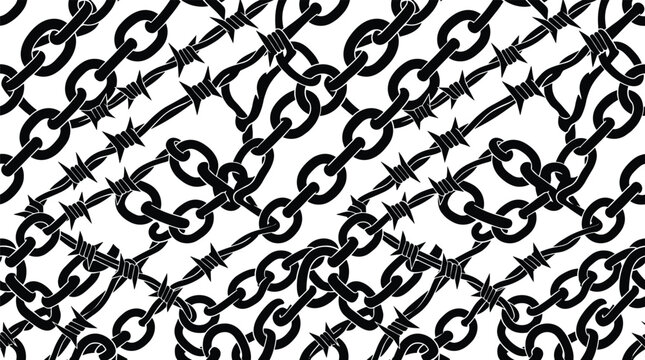 Seamless pattern of interlocking metal chains and barbed wire on a white background