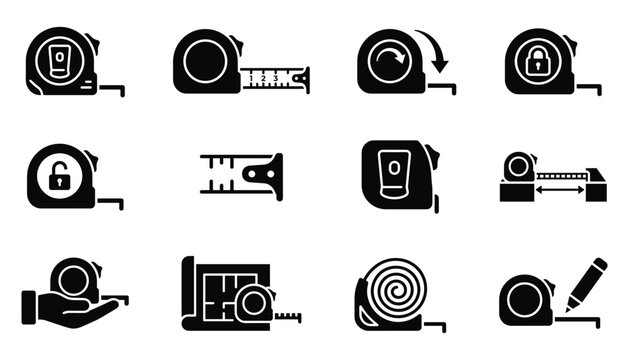 Vector illustration of tape measure tool icon set showing various construction measuring situations.