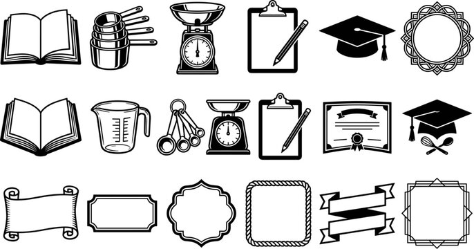 Kitchen and Education Vector Icon Set and Decorative Frames