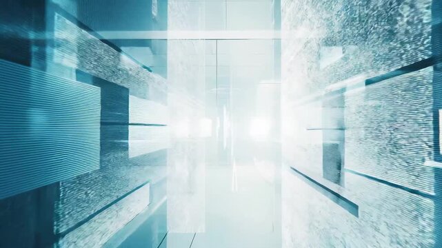 Abstract architecture creating a futuristic data tunnel, showing modern virtual reality connecting technology and digital cyberspace concepts with glass elements