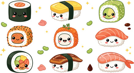 Cute Kawaii Sushi Collection Featuring Salmon Nigiri Tamago Maki Roll Eel Sushi and Japanese Food Cartoon Characters © Yevhenii creative