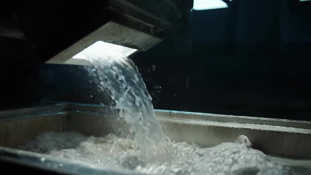 Liquid vigorously flowing from an industrial chute into a large production container, indicating essential processes within manufacturing, chemical, and waste management facilities