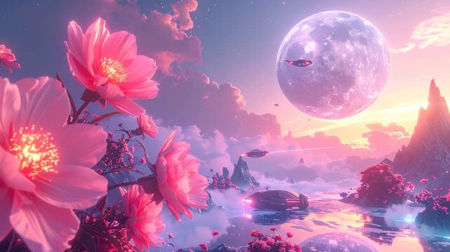 A serene futuristic landscape with vibrant pink flowers, celestial bodies, and space vehicles