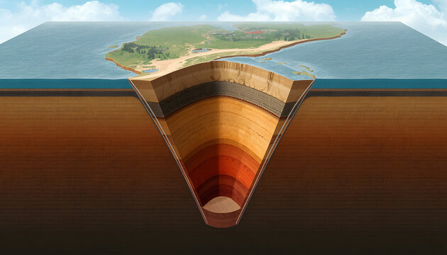 3D geological cross section diagram showing tectonic plate layers and ocean coastal land formation