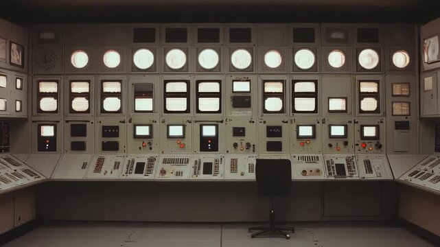 Retro industrial control room with sprawling console of monitors, buttons, gauges and switches, evoking vintage power plant operations and analog to digital engineering systems