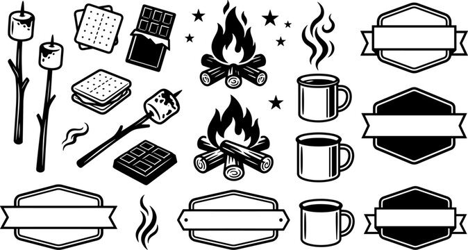 Camping s'mores and bonfire vector icon set with blank badges