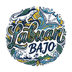 Obraz premium Vector graphic image of Komodo dragon and stingray Labuan Bajo