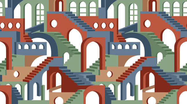 Surreal architectural seamless pattern with impossible staircases, arches, and windows in a flat geometric style with red, blue, and green colors