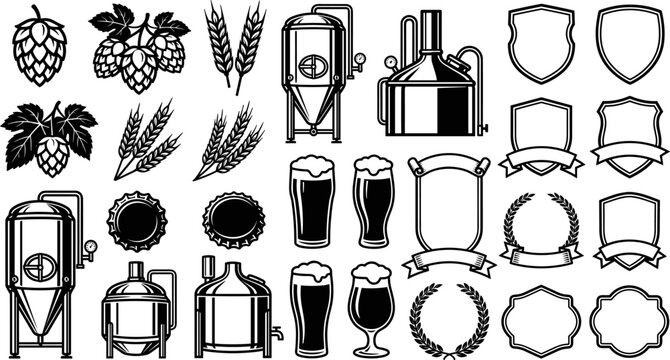 Craft beer brewery icon set with hop and wheat elements