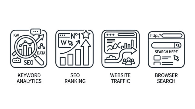 SEO optimization icons show keyword analytics and website traffic