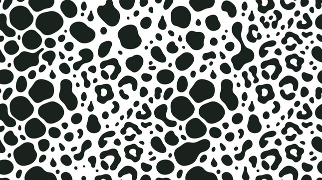 Seamless animal print pattern featuring irregular black spots of varying sizes and shapes resembling a leopard or cow hide on a plain white background