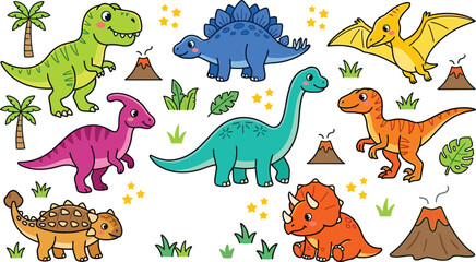 Cute Dinosaur Cartoon Collection Featuring Tyrannosaurus Stegosaurus Pterodactyl Parasaurolophus Brachiosaurus Ankylosaurus and Triceratops Vector Illustration © Yevhenii creative