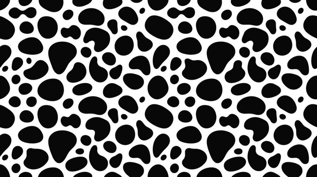 Seamless pattern featuring bold black organic amoeba shapes and irregular blobs on a white background, for and textile, surface textures