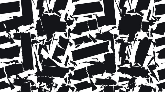 Seamless pattern of torn paper strips and jagged fragments in black and white, grunge collage style