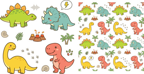 Cute Dinosaur Cartoon Collection with Seamless Pattern Featuring Stegosaurus Triceratops Tyrannosaurus and Brontosaurus Educational Vector Illustration © Yevhenii creative