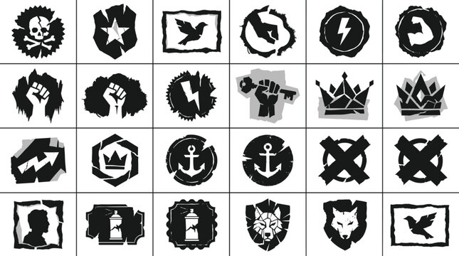 Collection of black and white grunge style and symbols including skulls, crowns, anchors, and fists in a grid layout