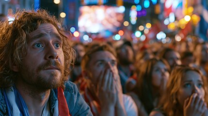 Obraz premium Young man with curly hair watching a football match in a crowd of fans. Supporters expressing shock and anxiety during a sports game. Emotional sports event in city at night.