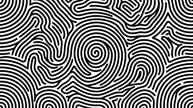 Abstract seamless pattern with swirling black lines creating a maze or fingerprint effect on a white background for