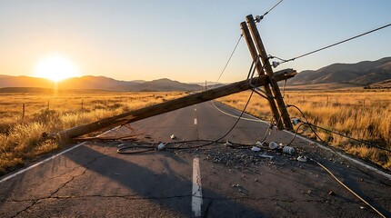 Fototapeta premium Fallen wooden utility pole blocks remote highway road at sunset, damaged infrastructure and rural landscape with dry grass and distant mountains under clear sky.