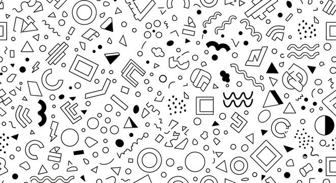 Abstract geometric shapes pattern on white background, seamless monochrome