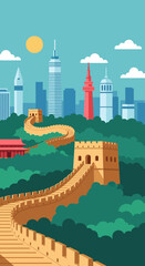 Naklejka premium Great Wall of China meets modern city skyline illustration
