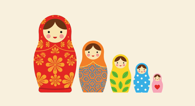 Matryoshka dolls in decreasing size, colorful folklore