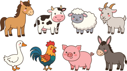 Fototapeta premium Cute Farm Animal Cartoon Collection Featuring Horse Cow Sheep Goat Goose Rooster Pig and Donkey Characters Vector Illustration