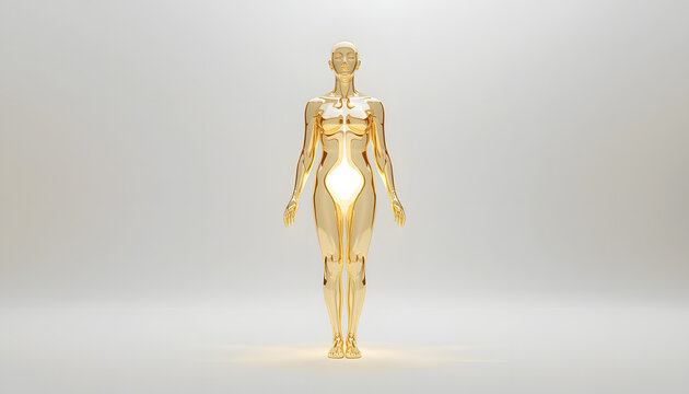 A golden human silhouette standing in a meditative posture with a radiant core, representing inner light, energy, and spiritual awakening. Minimalist 3D rendered concept art.