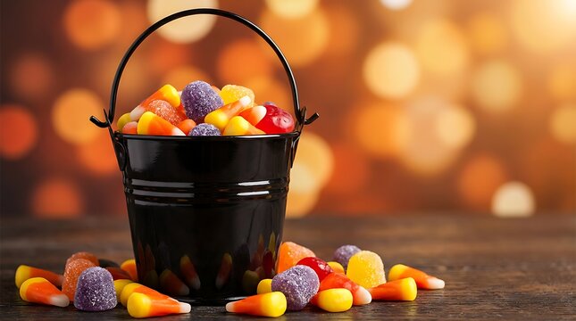 Black bucket overflowing with halloween candy corn, sour gummies and gumdrops, scattered on wooden table with bokeh background.