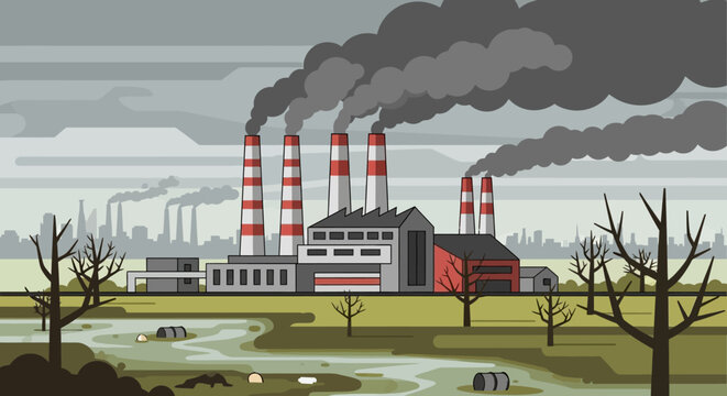 Industrial factory pollution spewing smoke into the grey sky and contaminating land.