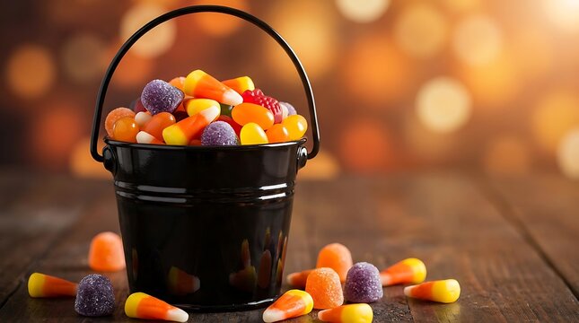 Black bucket overflowing with halloween candy corn, sour gummies and gumdrops, scattered on wooden table with bokeh background.