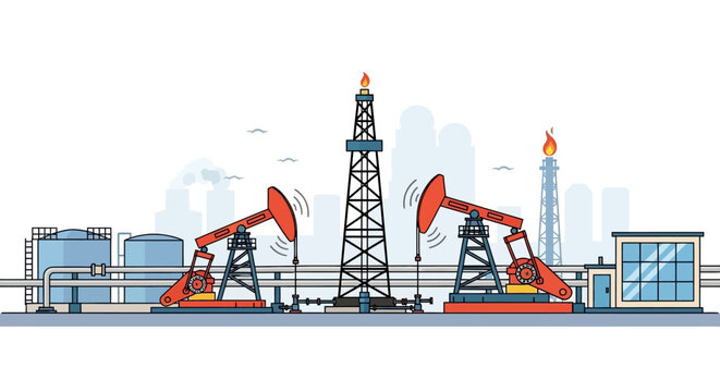 Oil rig pump jacks and refinery complex, industrial energy landscape