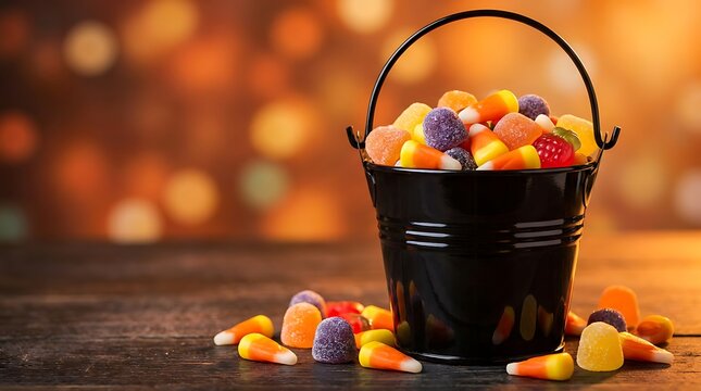 Black bucket overflowing with halloween candy corn, sour gummies and gumdrops, scattered on wooden table with bokeh background.