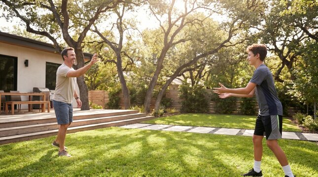 A happy father and teen son playing catch baseball a green grass lawn with modern house backyard background