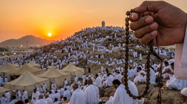 Wooden Prayer Beads at Mount Arafat during Hajj Pilgrimage Sunset