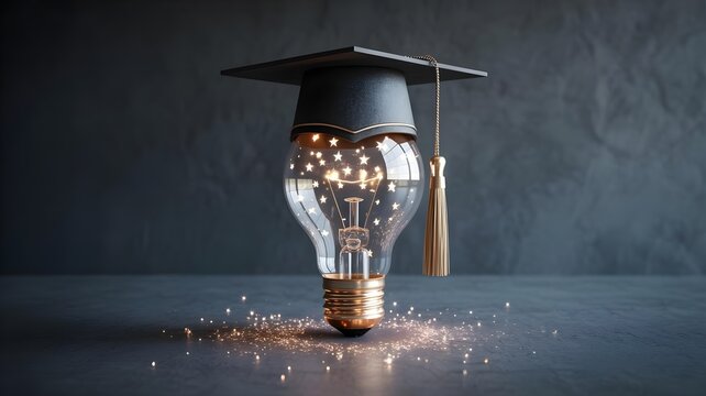 A creative lightbulb wearing a graduation cap with sparkling stars and glitter on a dark background symbolizing innovative education and ideas