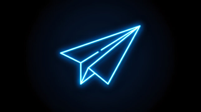 Glowing blue neon paper airplane icon symbol illustration with airplane communication minimalist