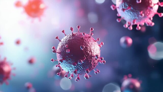 Microscopic virus cells with spiked proteins are floating in a dark, vibrant purple and blue environment, representing a growing threat of infection and pathogens