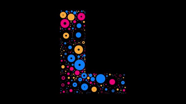 Letter L colorful dots blue yellow and red bubbling on black background letter animation